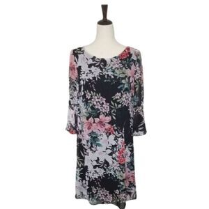 Coldwater Creek Black Floral 3/4 Bell Sleeve Lined Sheath Midi Dress Size 6